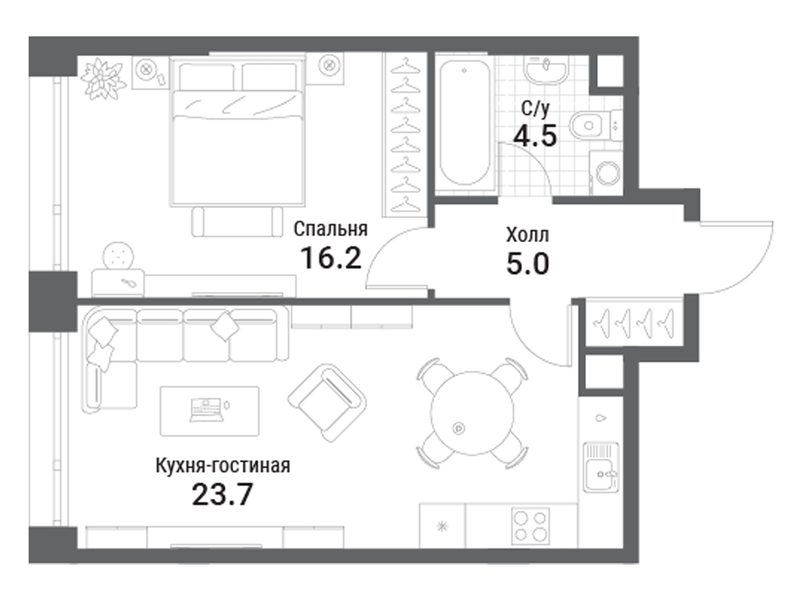 Планировка: 1-комн. квартира 49.40 м² в новостройке ЖК Нагатино ай-лэнд