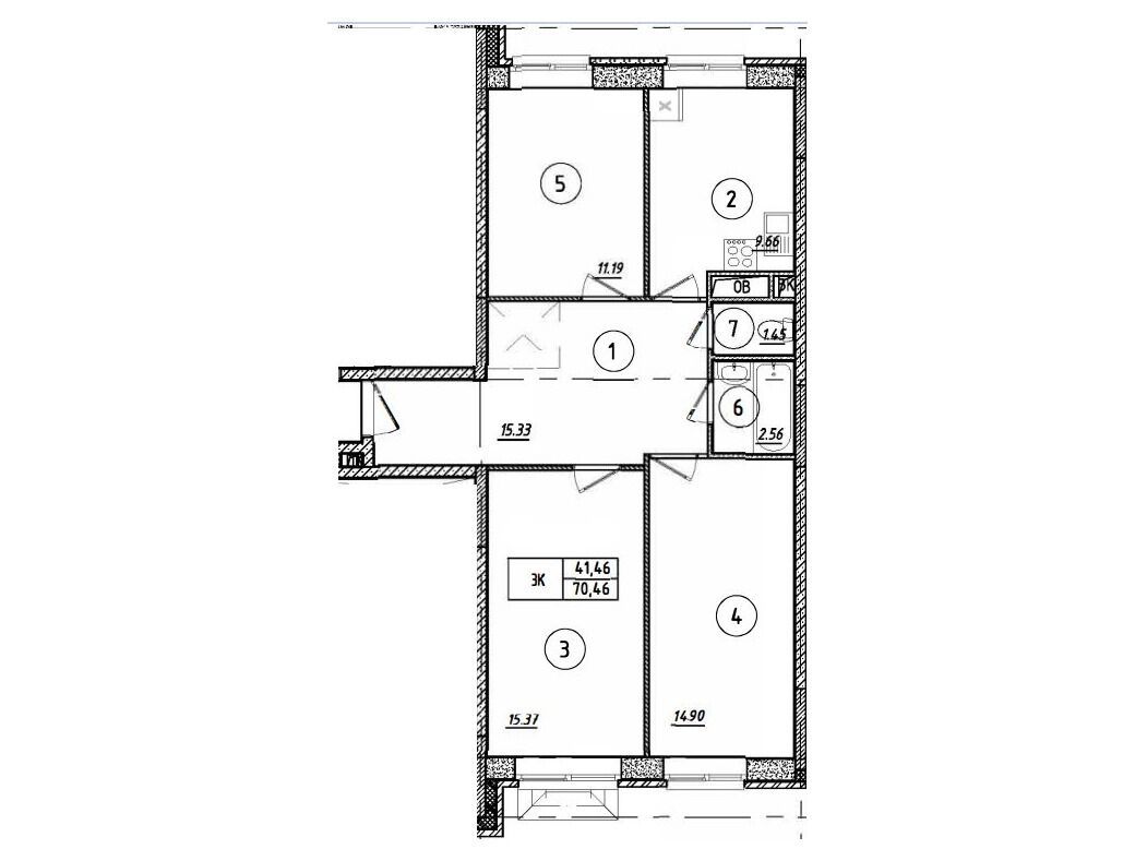 Планировка: 3-комн. квартира 70.46 м² в новостройке Парковый