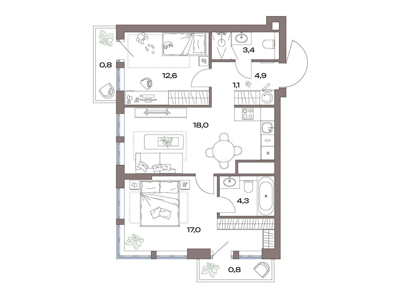 Планировка: 2-комн. квартира 70.60 м² в новостройке Акценты