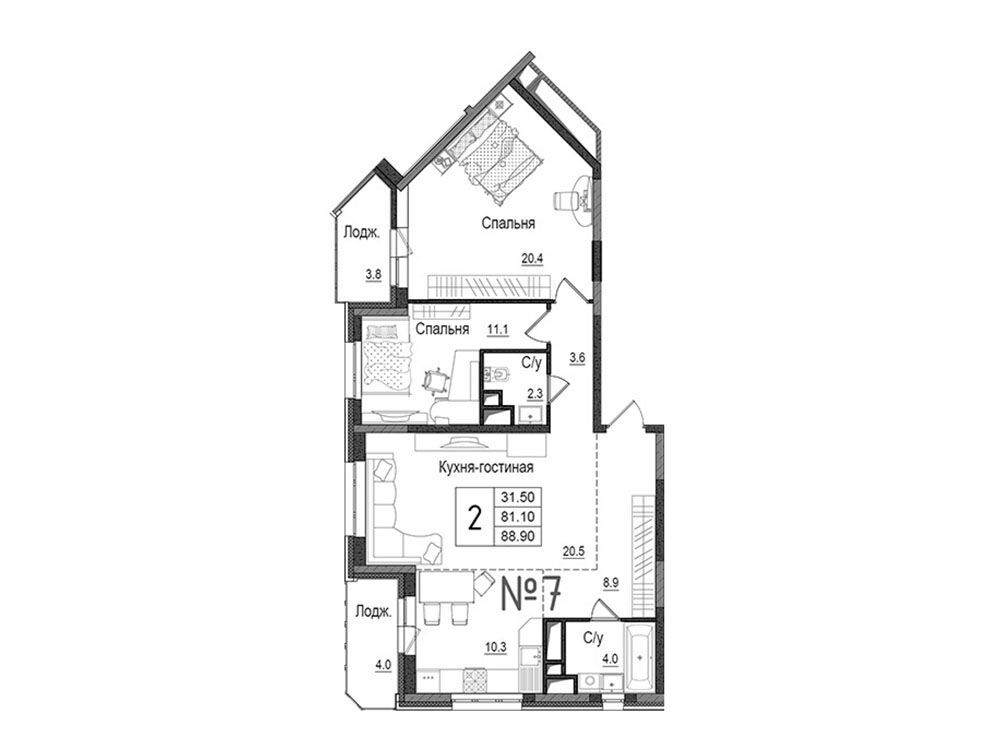 Планировка: 2-комн. квартира 90.10 м² в новостройке Школьный