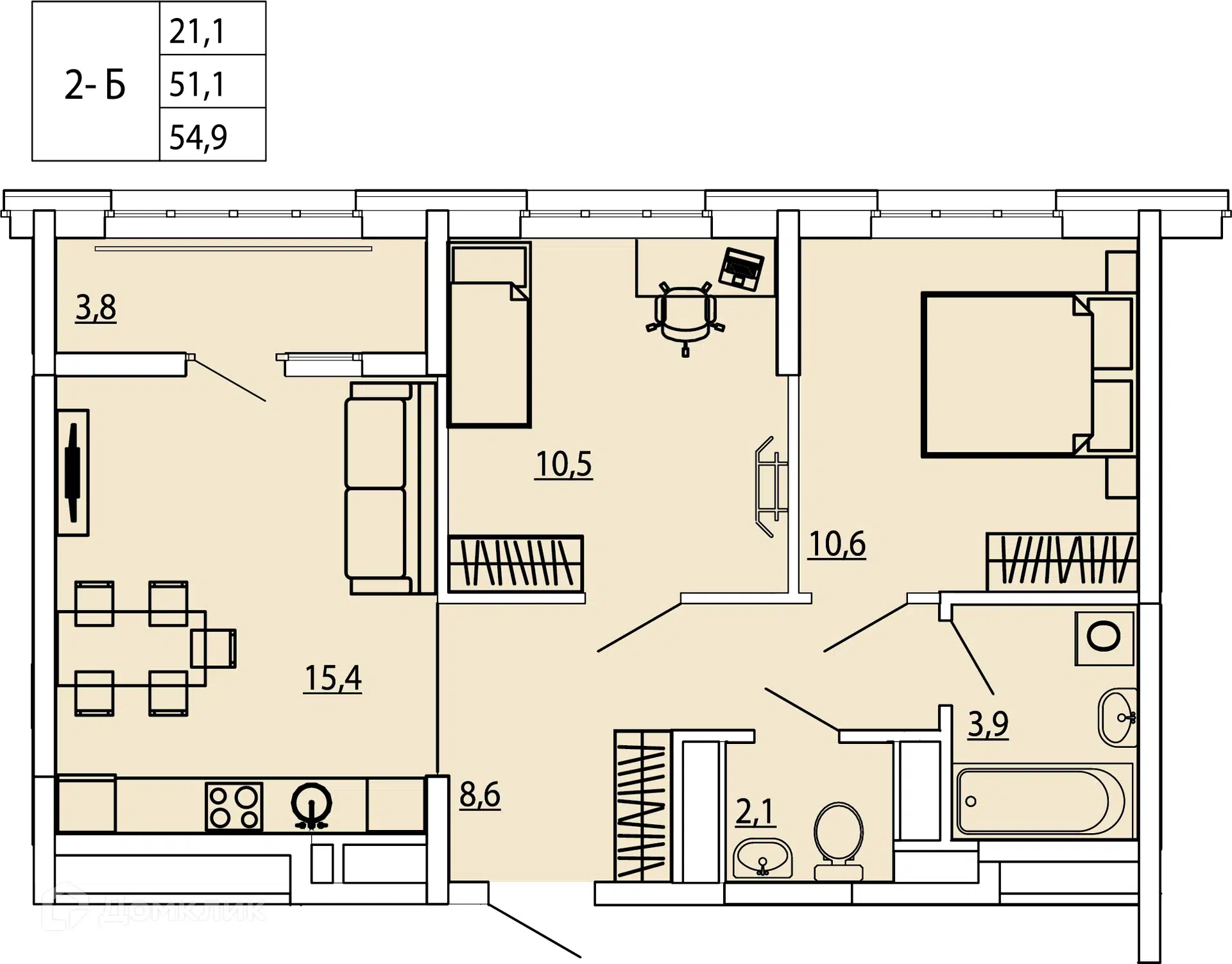 Планировка: 2-комн. квартира 54.90 м² в новостройке Московский квартал