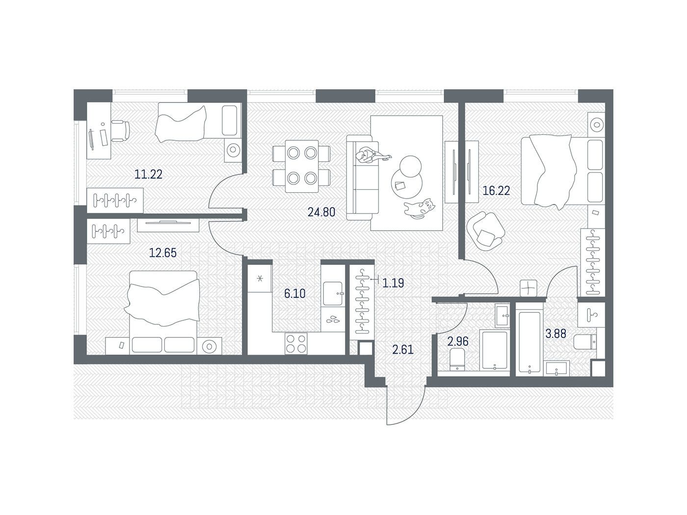 Планировка: 3-комн. квартира 81.63 м² в новостройке Тейт