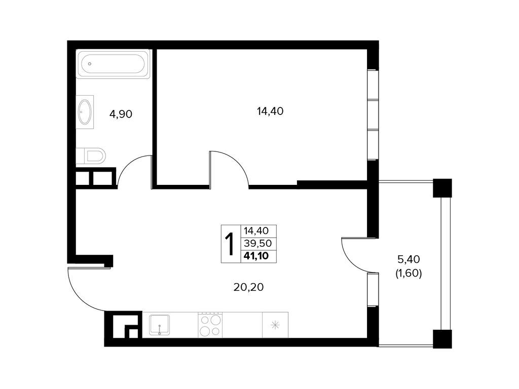 Планировка: 1-комн. квартира 41.10 м² в новостройке Кипарис