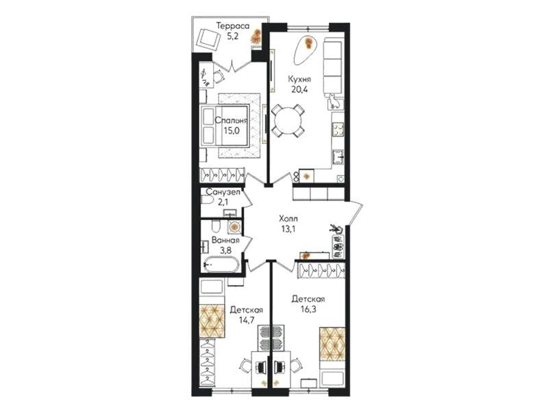 Планировка: 3-комн. квартира 87.00 м² в новостройке ЖК Кронунг Юг