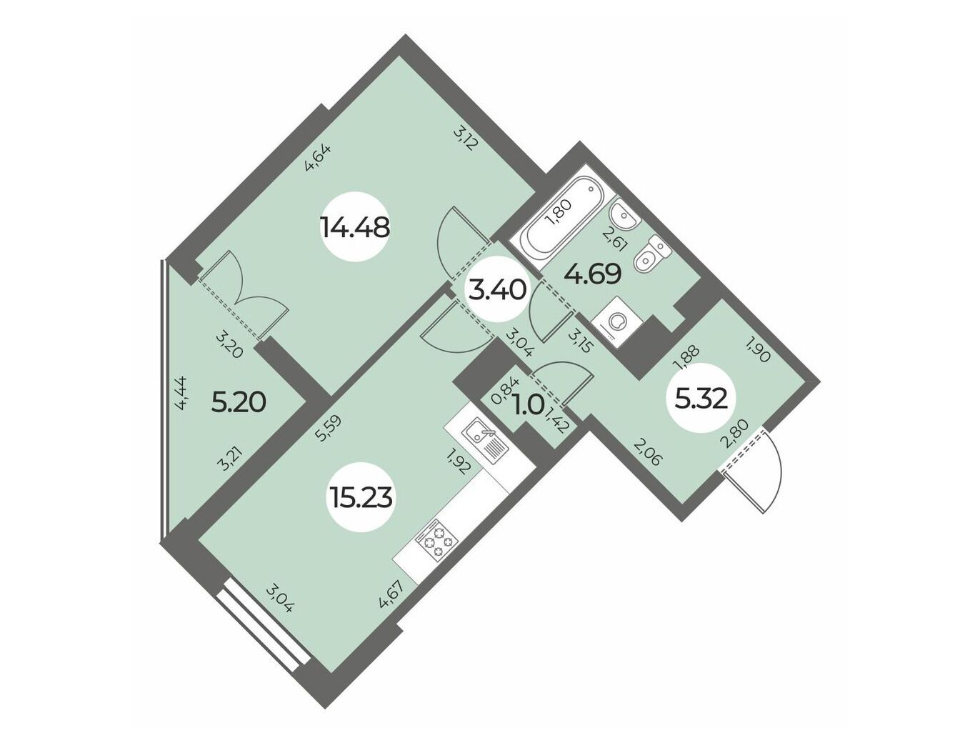 Планировка: 1-комн. квартира 46.72 м² в новостройке ЖК Огни Залива