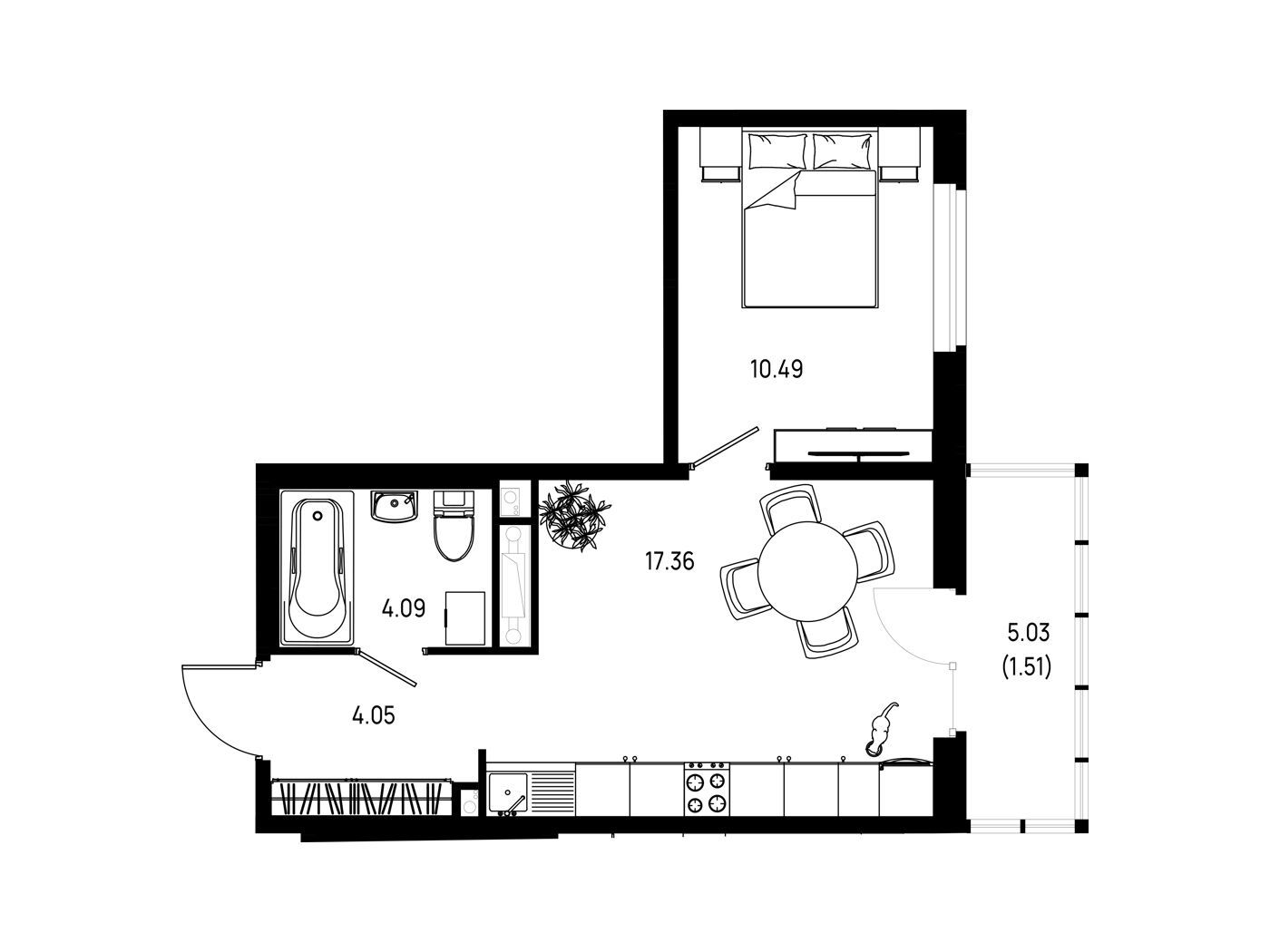Планировка: 1-комн. квартира 37.50 м² в новостройке Имена