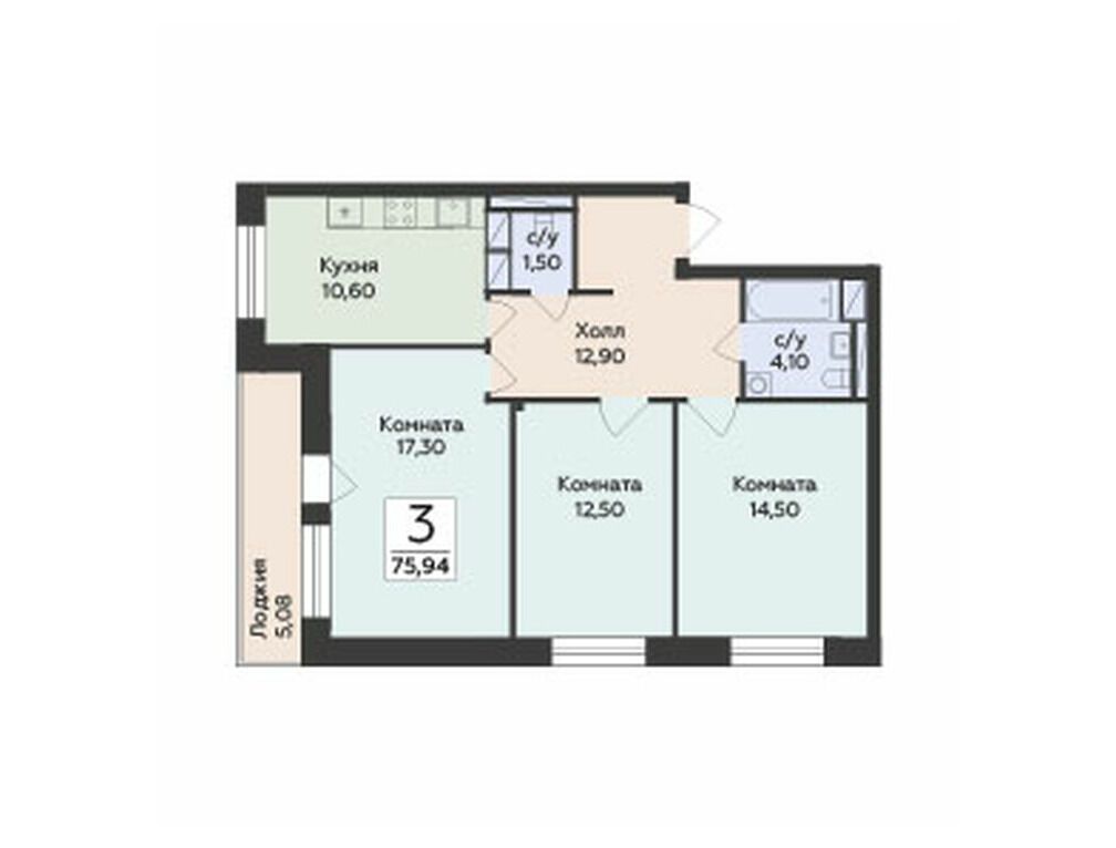 Планировка: 3-комнатная квартира 75.94 м² в новостройке ЖК Малаховский
