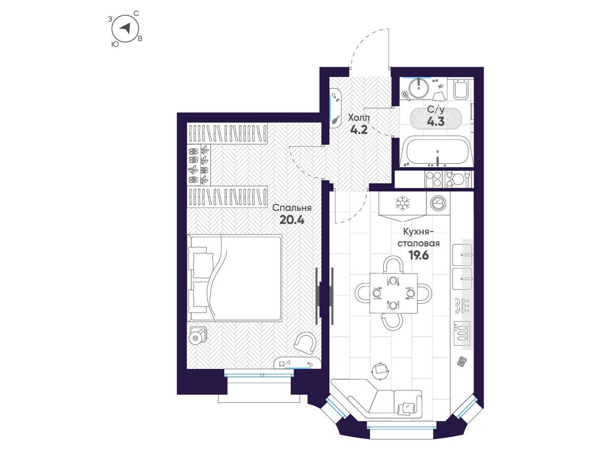 Планировка: 1-комн. квартира 48.50 м² в новостройке Мариинка Делюкс