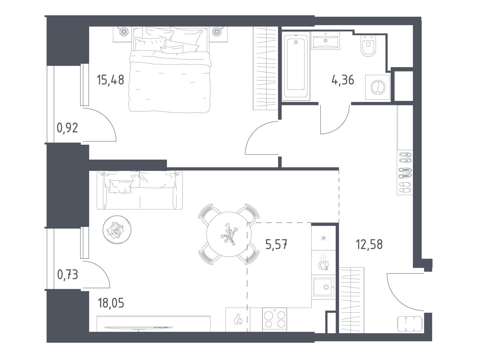 Планировка: 1-комн. квартира 57.69 м² в новостройке ЖК Скай Спутник