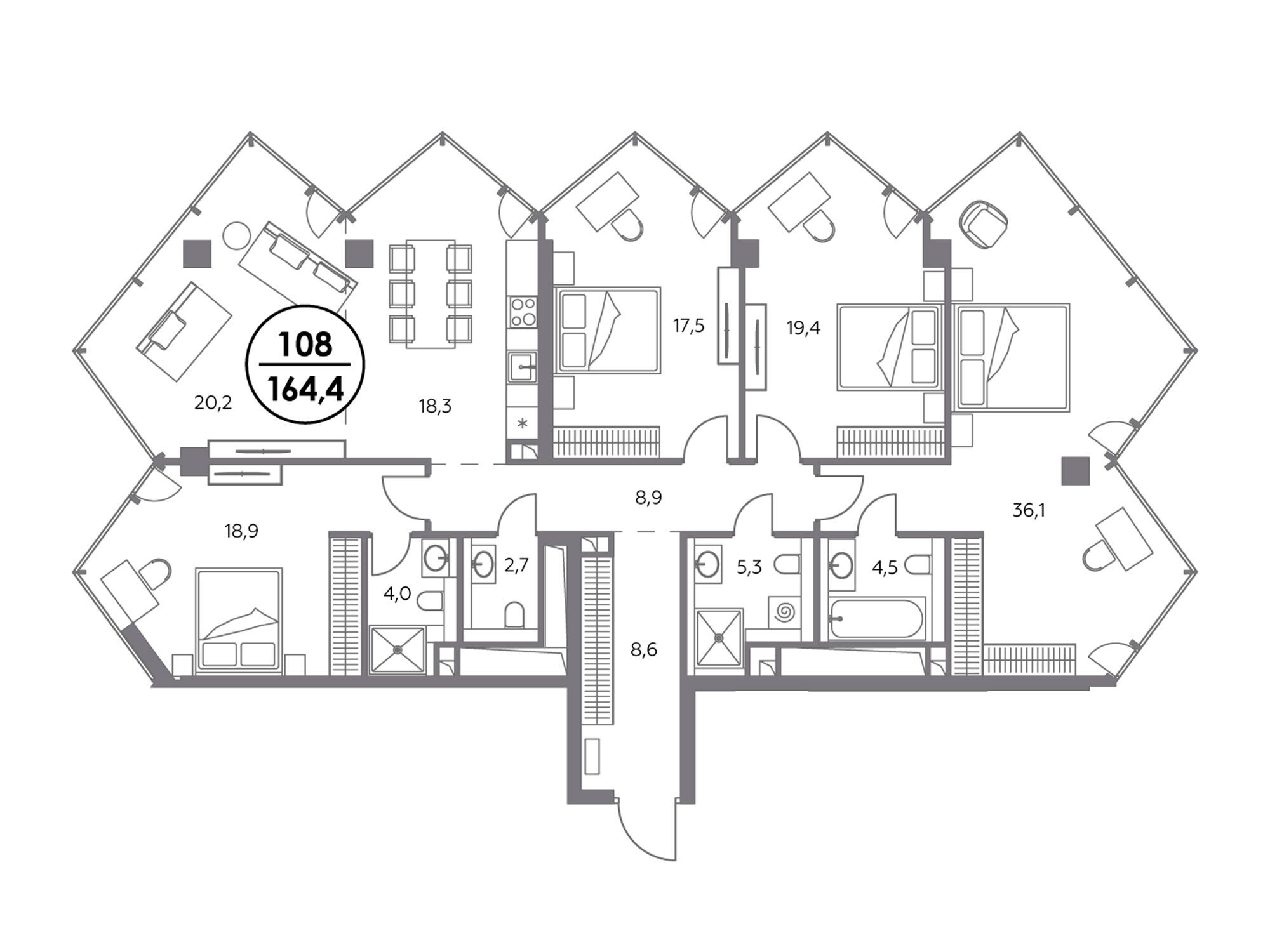 Планировка: 4-комн. квартира 164.40 м² в новостройке Монблан