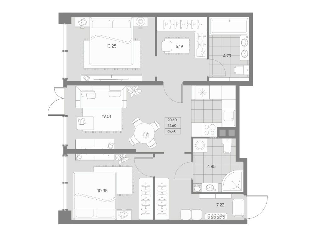 Планировка: 2-комн. квартира 62.60 м² в новостройке Авант