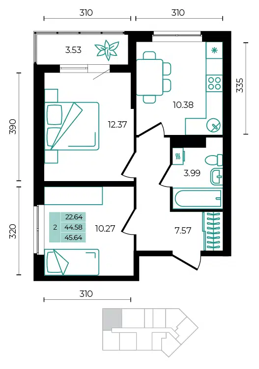 Планировка: 2-комн. квартира 45.64 м² в новостройке ЖК Курортный Регион
