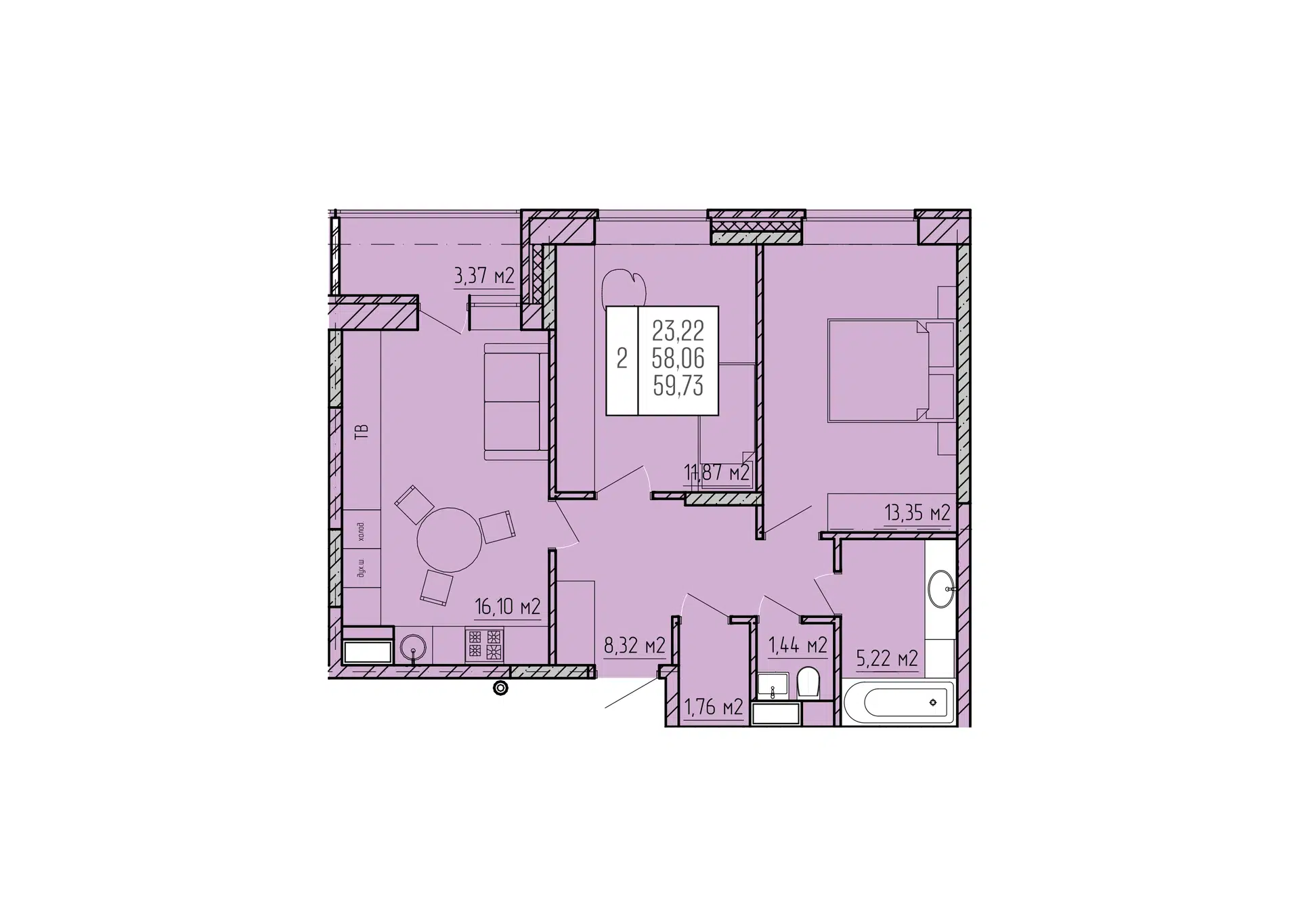 Планировка: 2-комн. квартира 61.43 м² в новостройке Орбита - 2