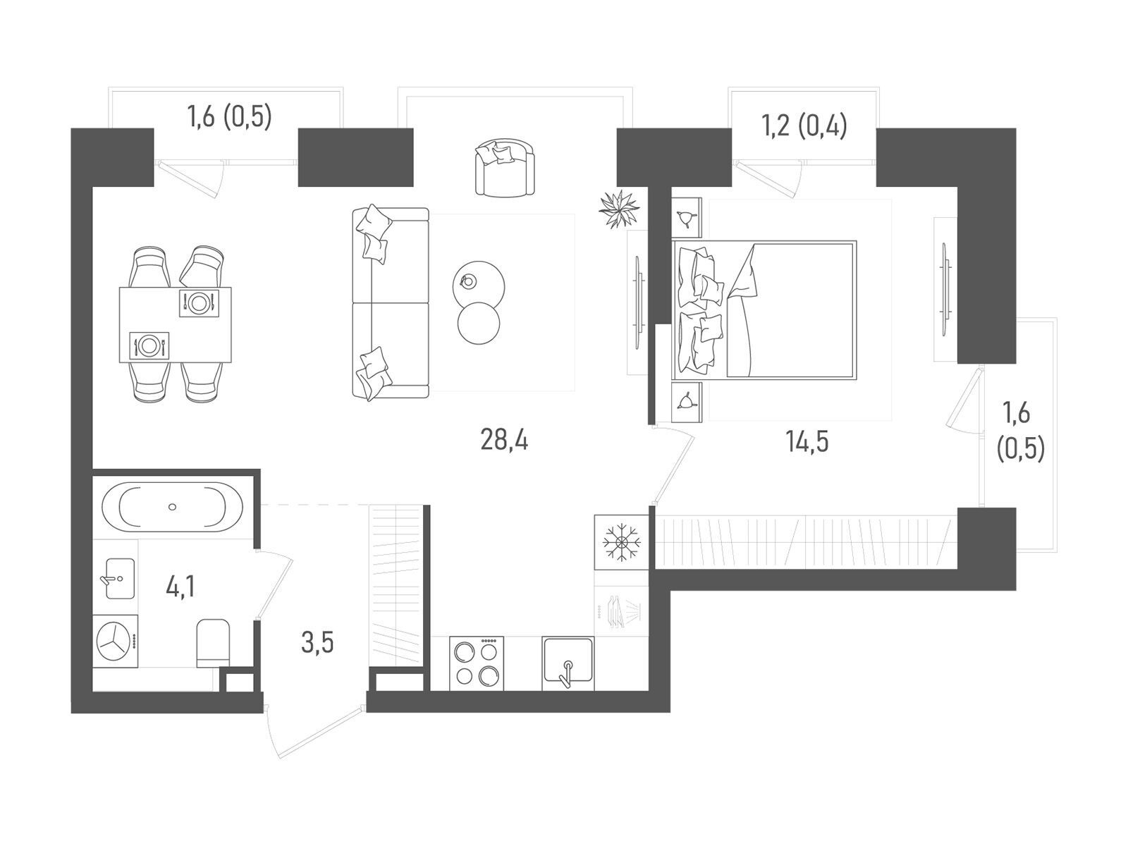 Планировка: 1-комн. квартира 51.90 м² в новостройке Татум