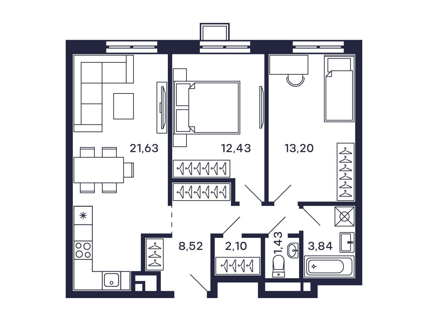 Планировка: 2-комн. квартира 63.15 м² в новостройке Тетрис
