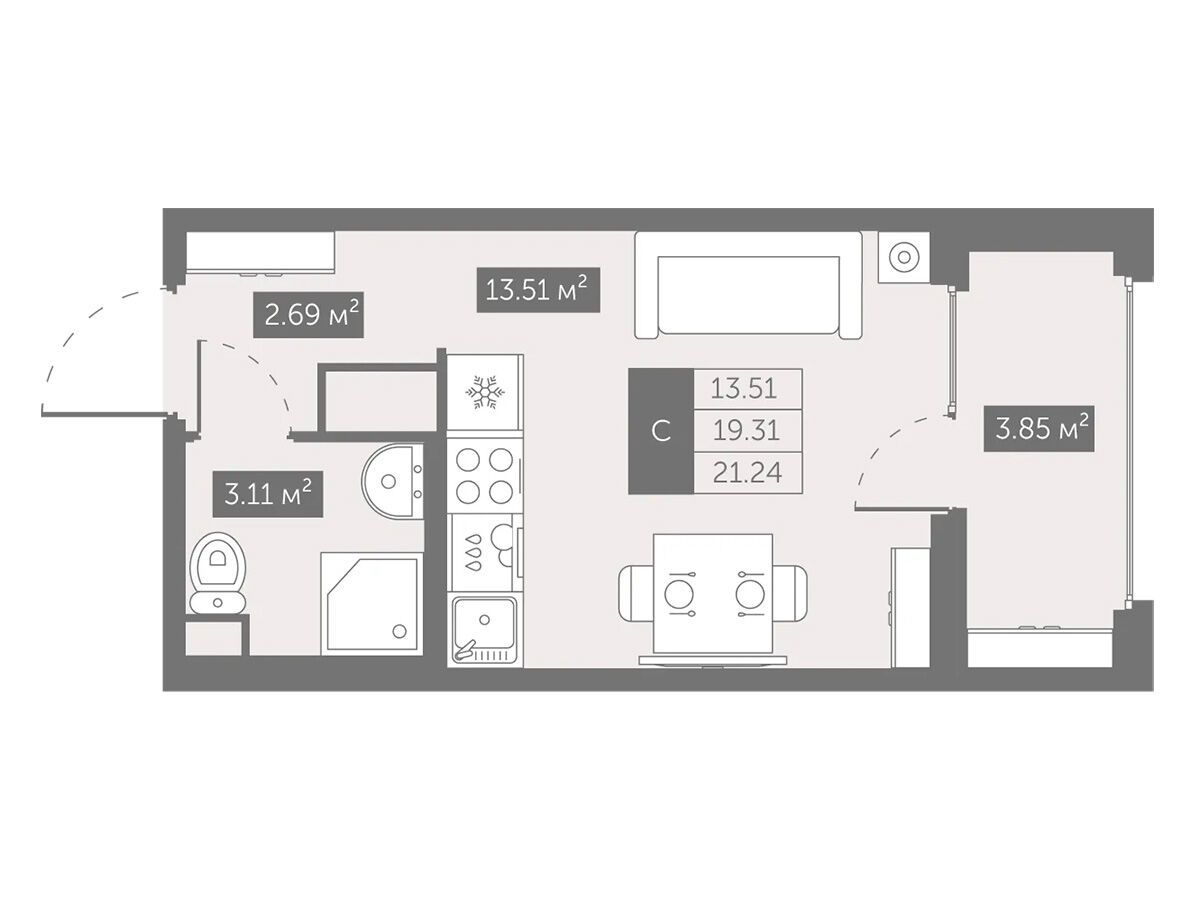 Планировка: Студия 21.24 м² в новостройке Новый Московский