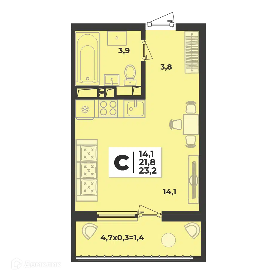Планировка: Студия 23.20 м² в новостройке Лето