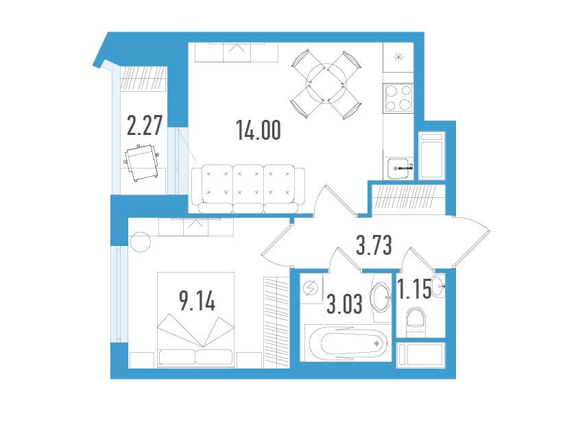 Планировка: 1-комн. квартира 32.19 м² в новостройке Южный форт