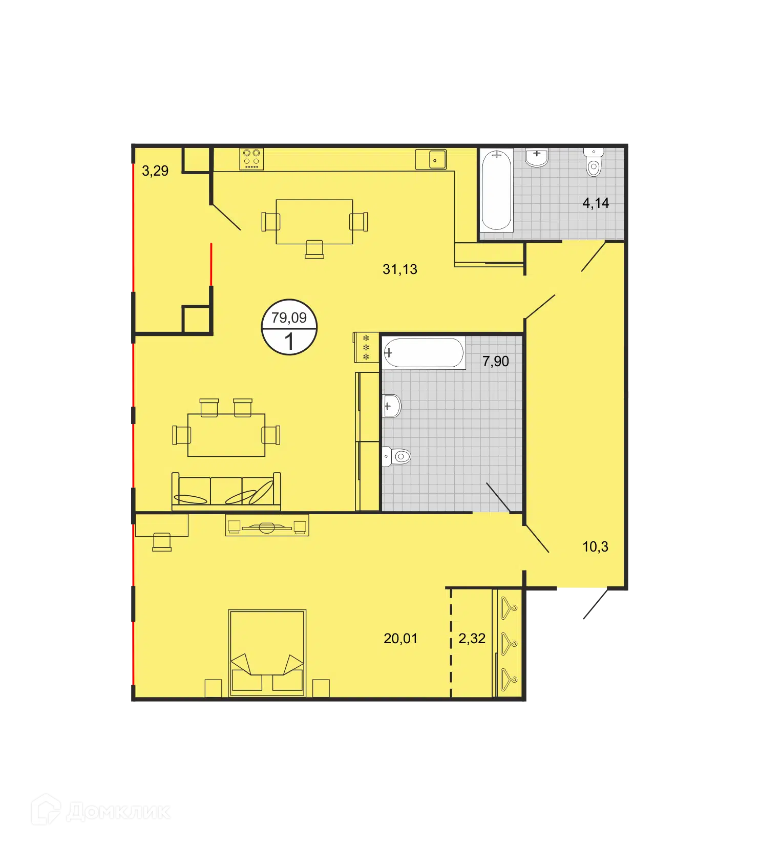 Планировка: 1-комн. квартира 79.09 м² в новостройке Дыхание