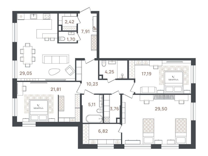 Планировка: 3-комн. квартира 139.75 м² в новостройке VI Квартал