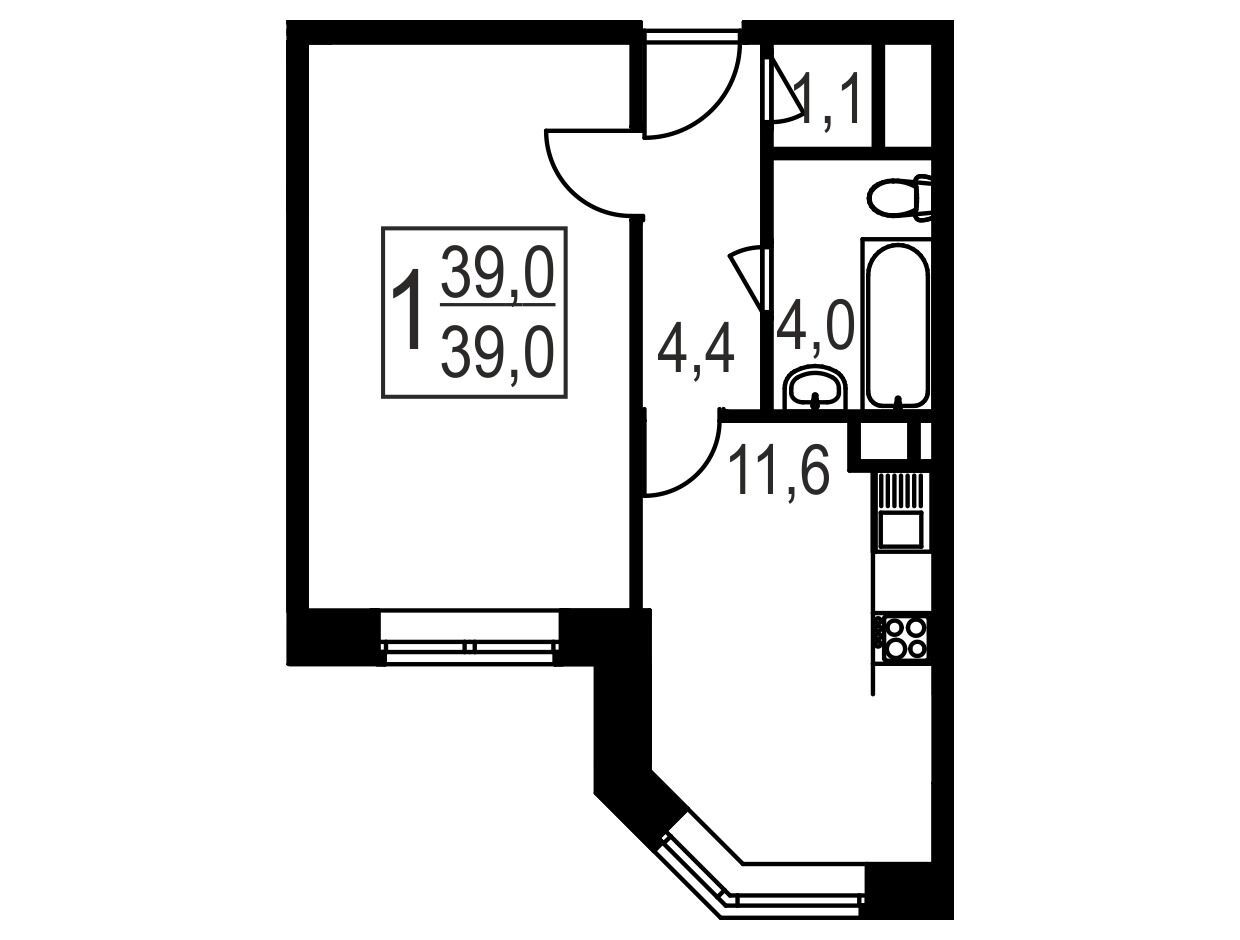 Планировка: 1-комн. квартира 39.00 м² в новостройке Восточный