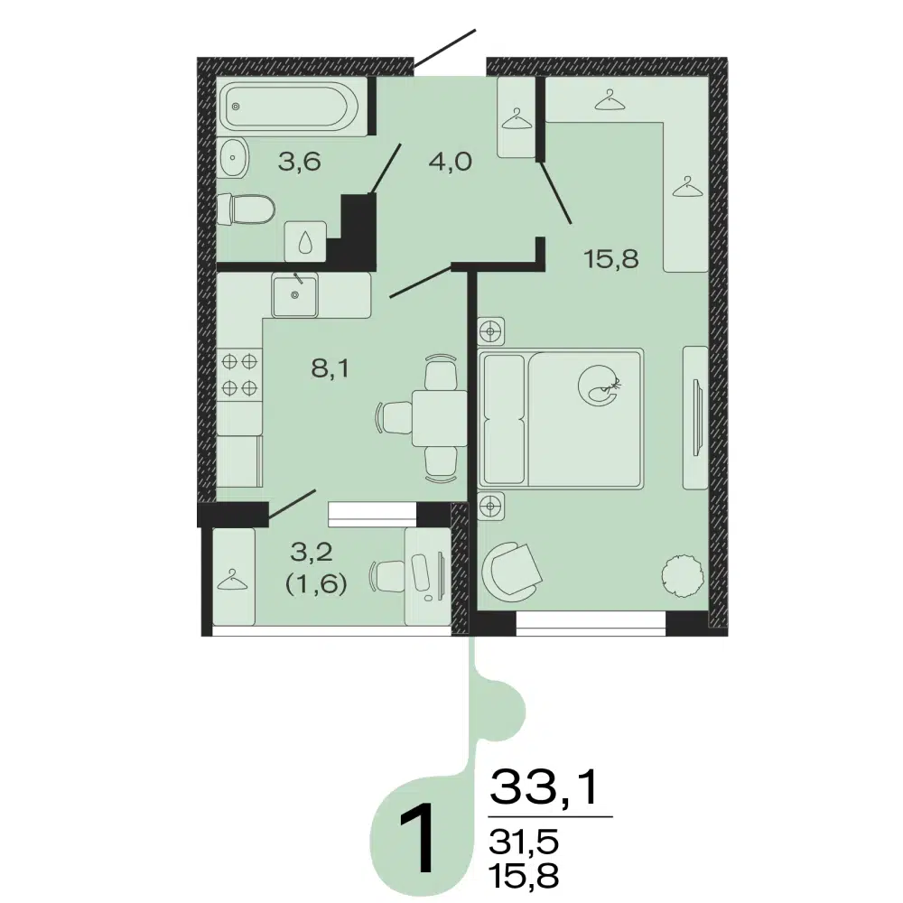 Планировка: 1-комн. квартира 33.10 м² в новостройке Эво