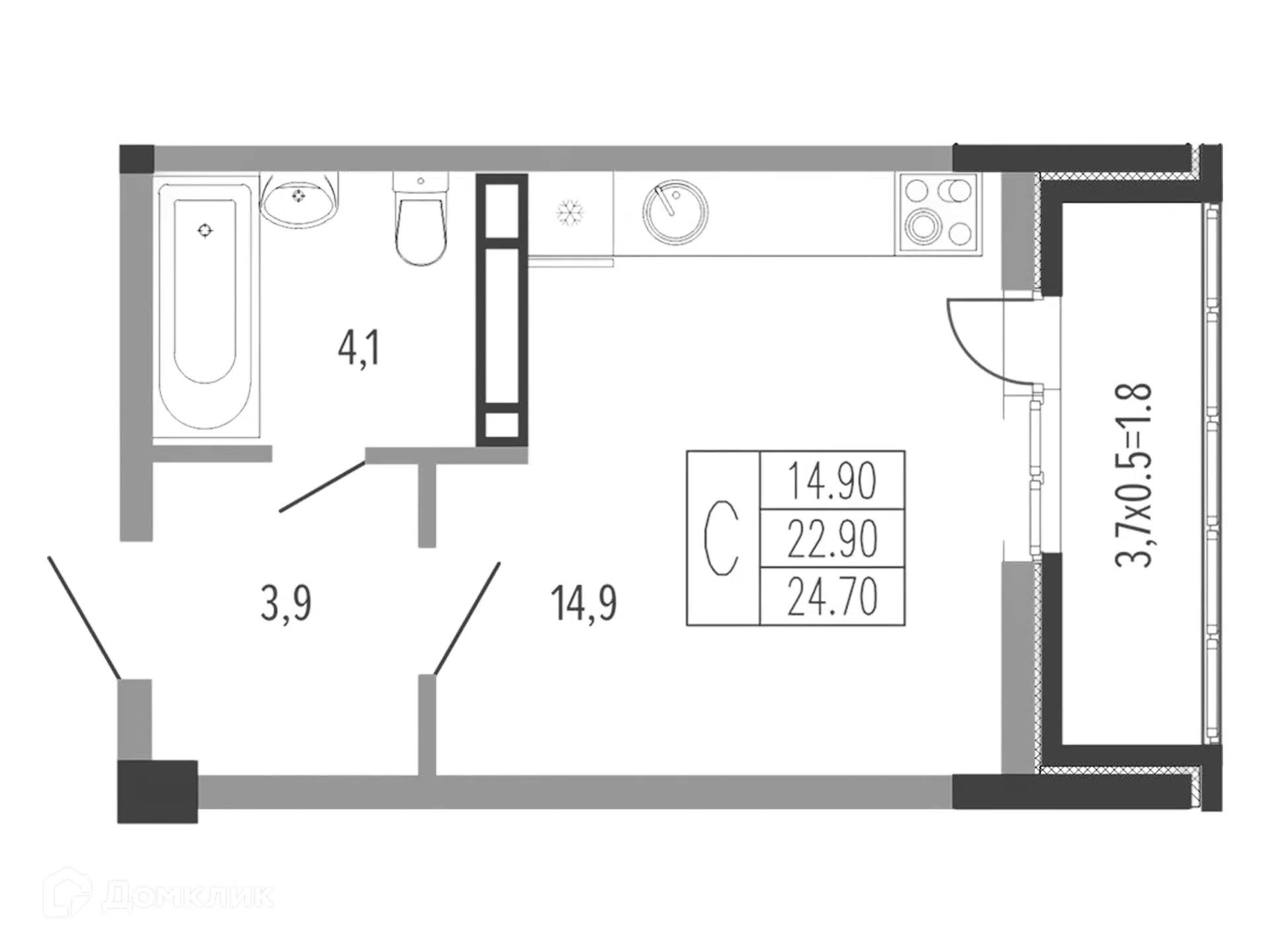 Планировка: Студия 25.55 м² в новостройке Екатерининский парк