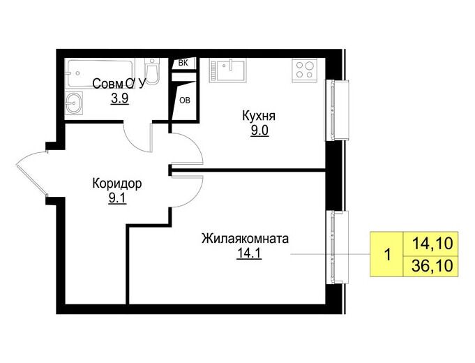Планировка: 1-комн. квартира 36.10 м² в новостройке Корица
