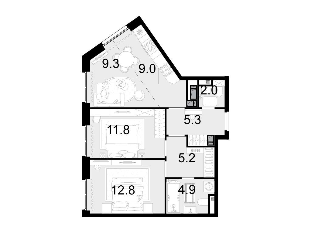 Планировка: 3-комн. квартира 60.30 м² в новостройке Новая Звезда II