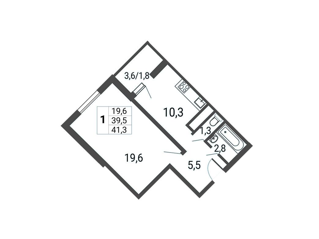 Планировка: 1-комн. квартира 41.30 м² в новостройке Некрасовка