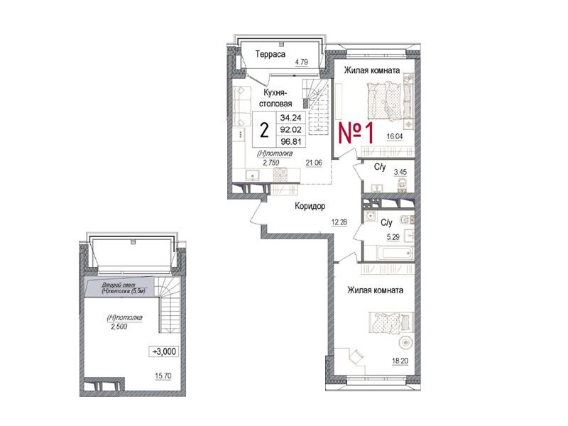 Планировка: 2-комн. квартира 93.73 м² в новостройке Арт
