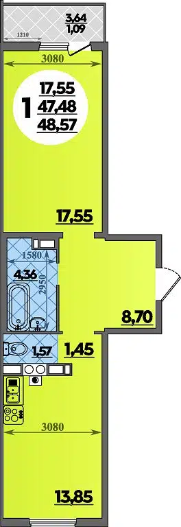 Планировка: 1-комн. квартира 48.57 м² в новостройке Тихорецк
