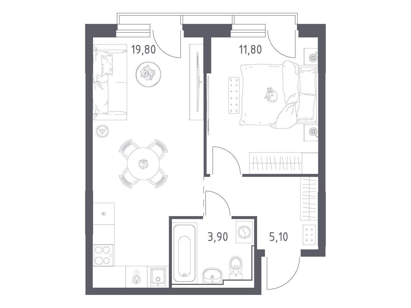 Планировка: 1-комн. квартира 40.60 м² в новостройке Химки парк