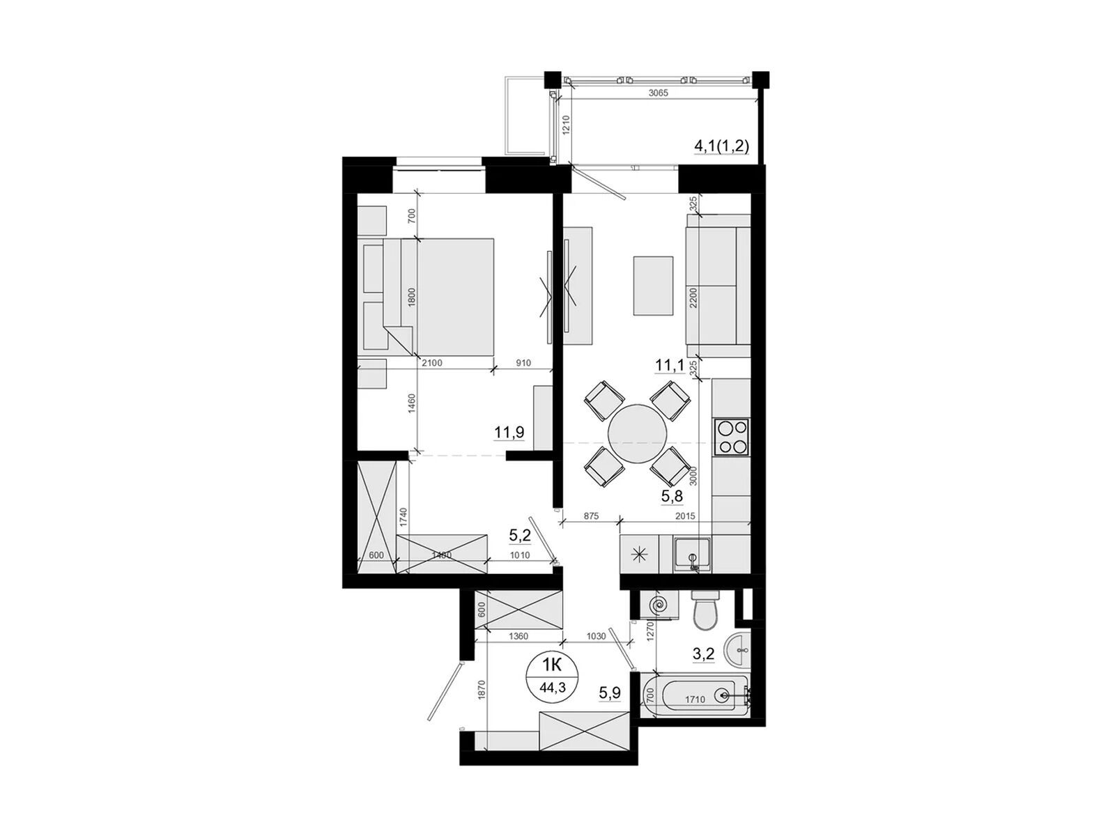 Планировка: 1-комн. квартира 44.30 м² в новостройке Союзный