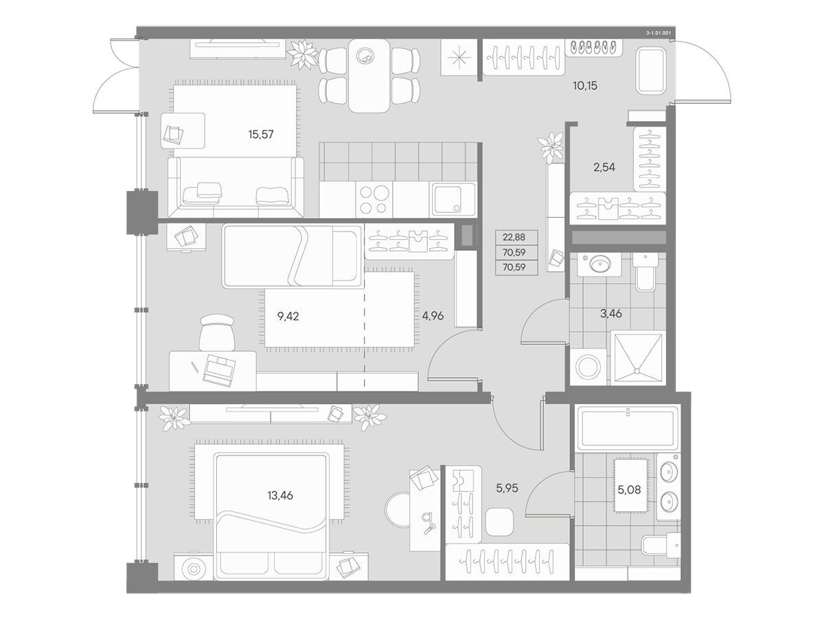 Планировка: 2-комн. квартира 70.59 м² в новостройке Авант