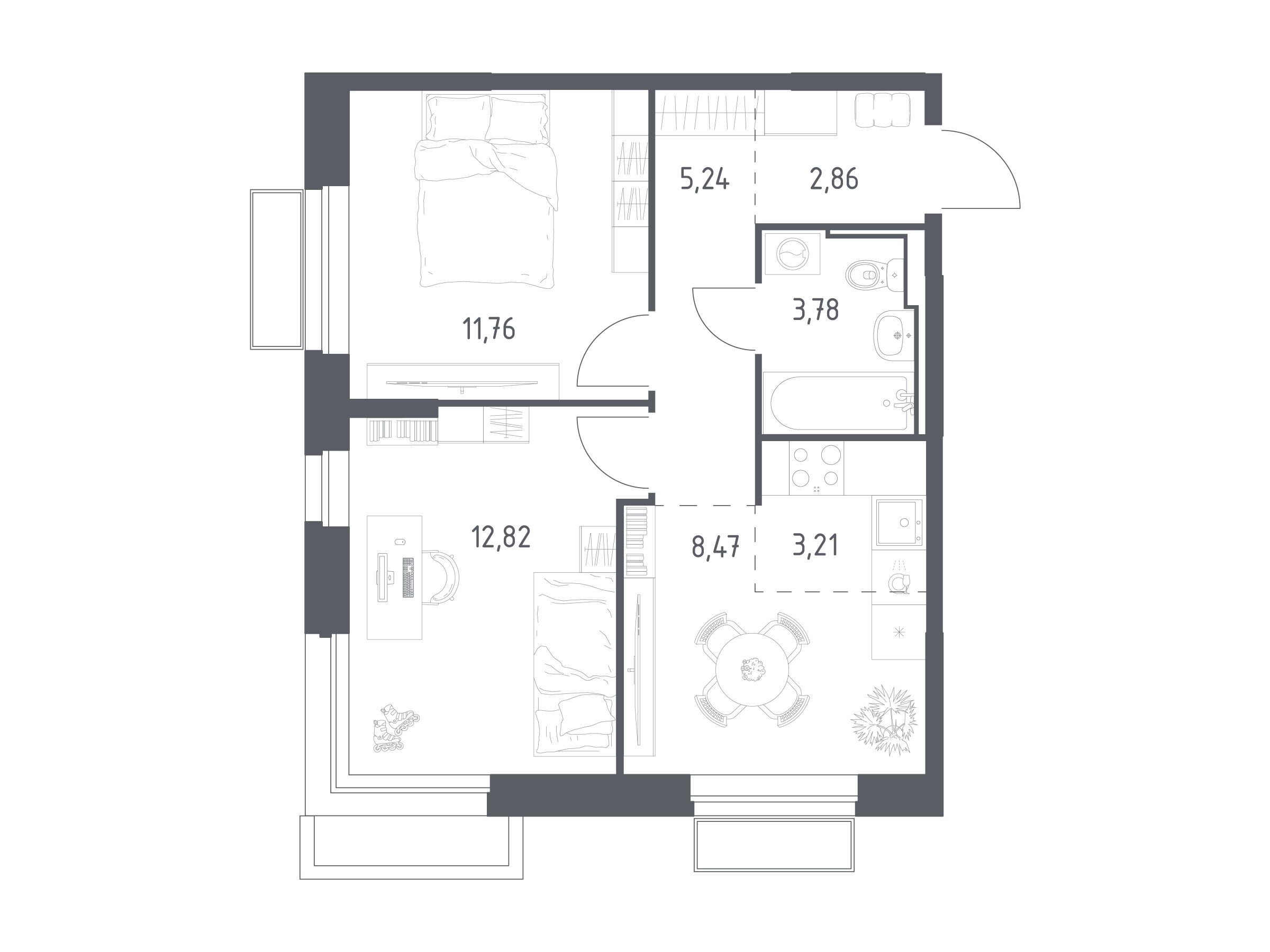 Планировка: 2-комн. квартира 48.14 м² в новостройке Долина Яузы