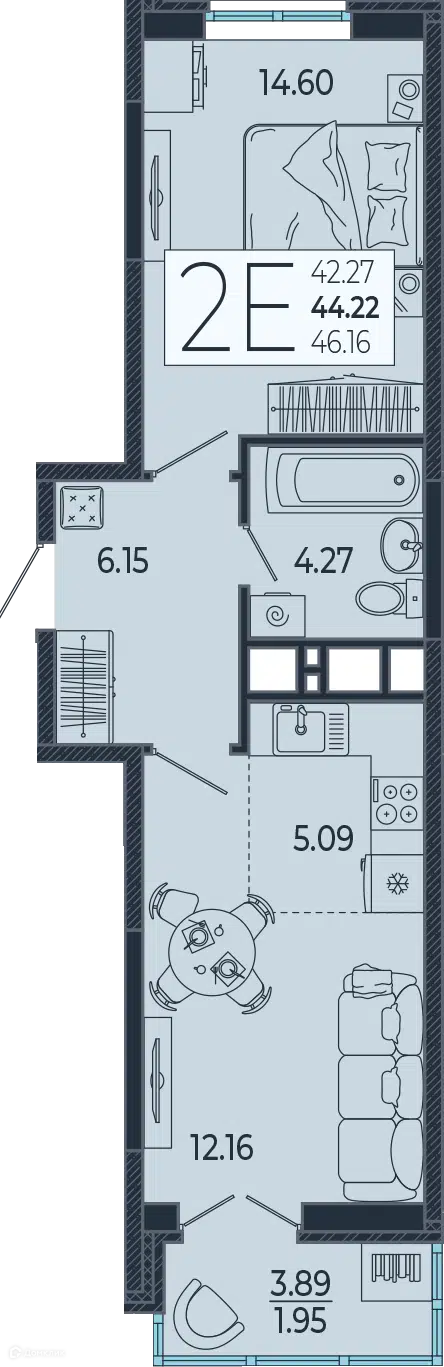 Планировка: 1-комн. квартира 44.22 м² в новостройке Эстет