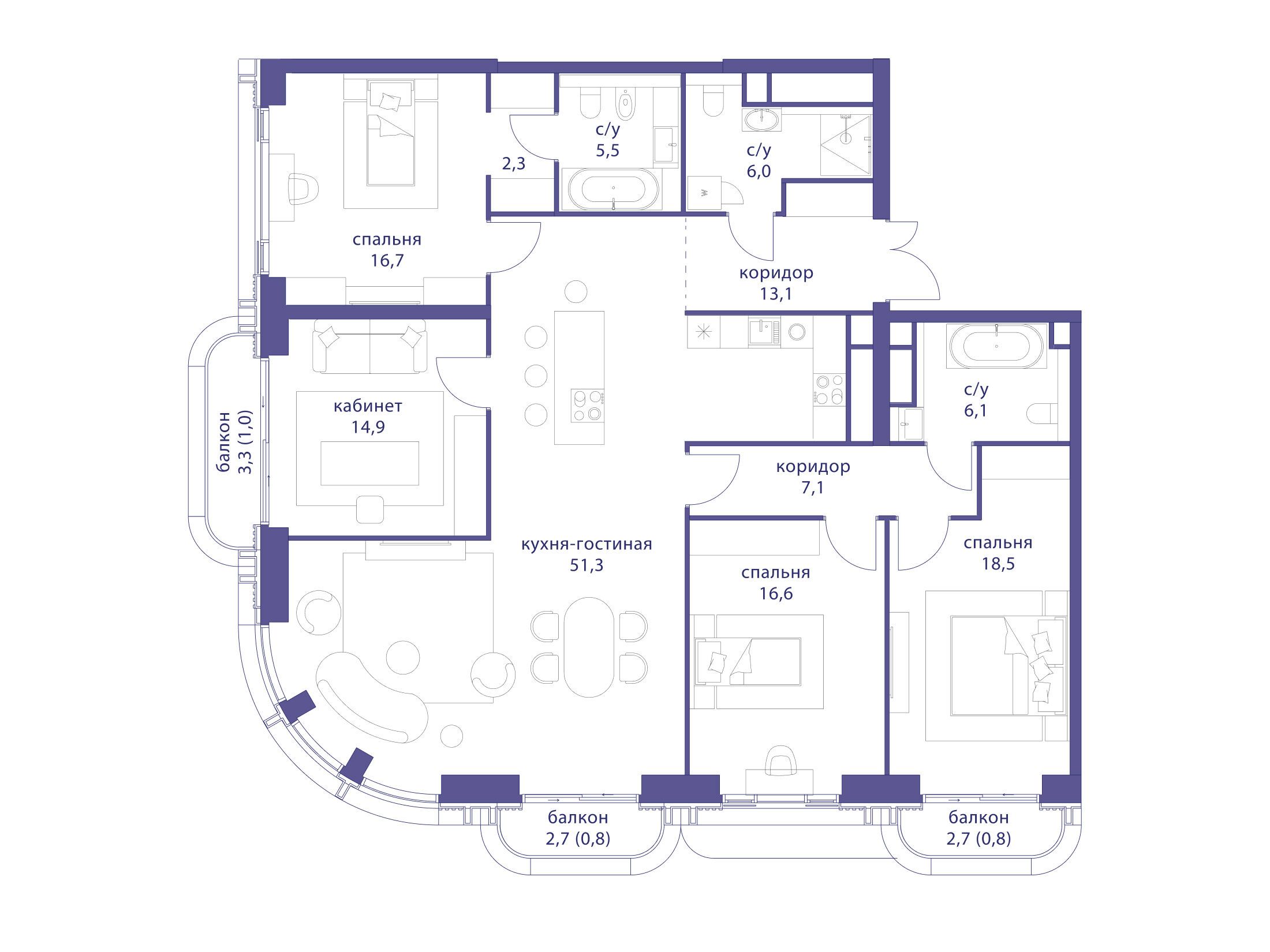 Планировка: 4-комн. квартира 160.70 м² в новостройке Татарская 35