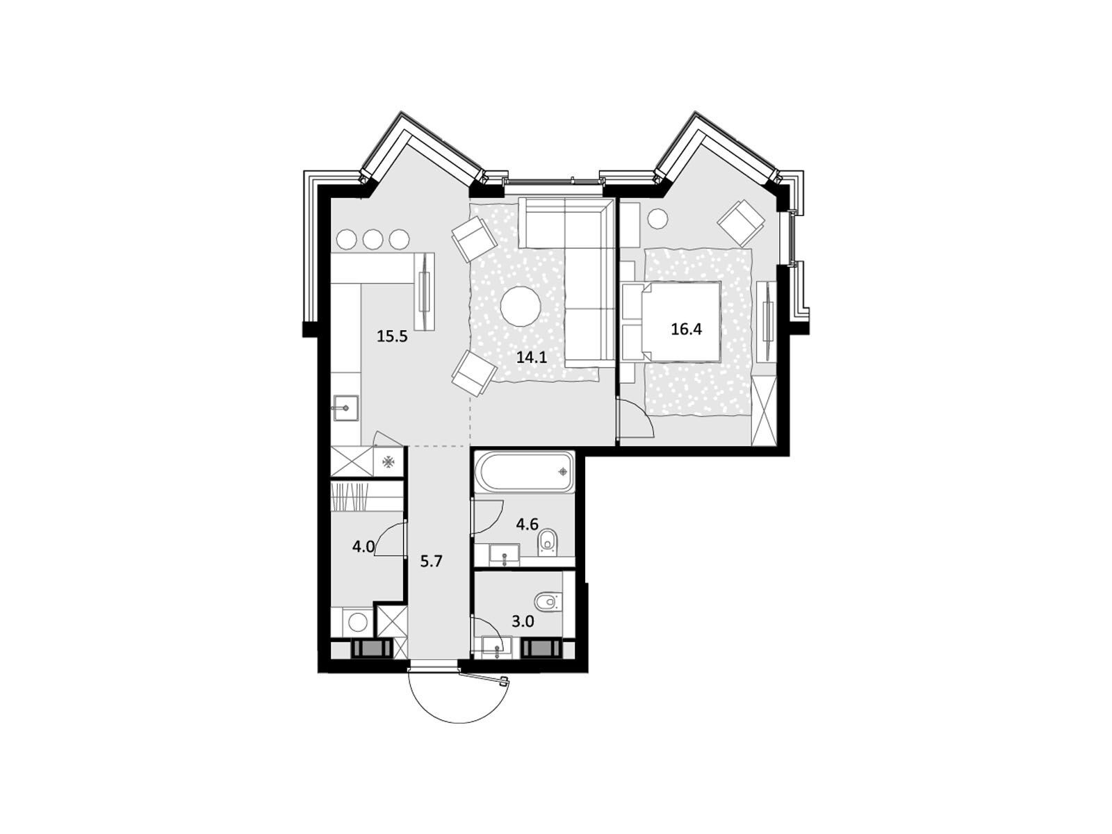 Планировка: 2-комн. квартира 63.30 м² в новостройке Трилогия Кристалл