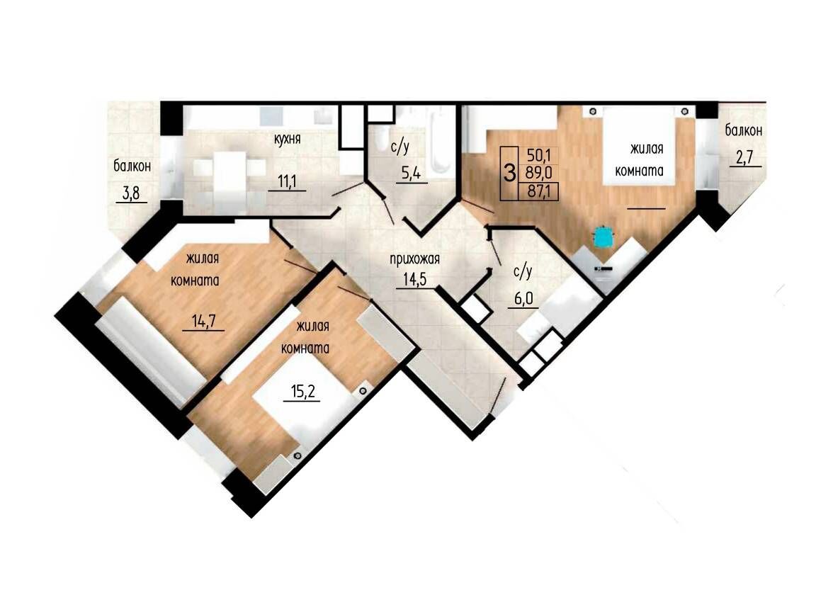Планировка: 3-комн. квартира 89.00 м² в новостройке ЖК Литейный