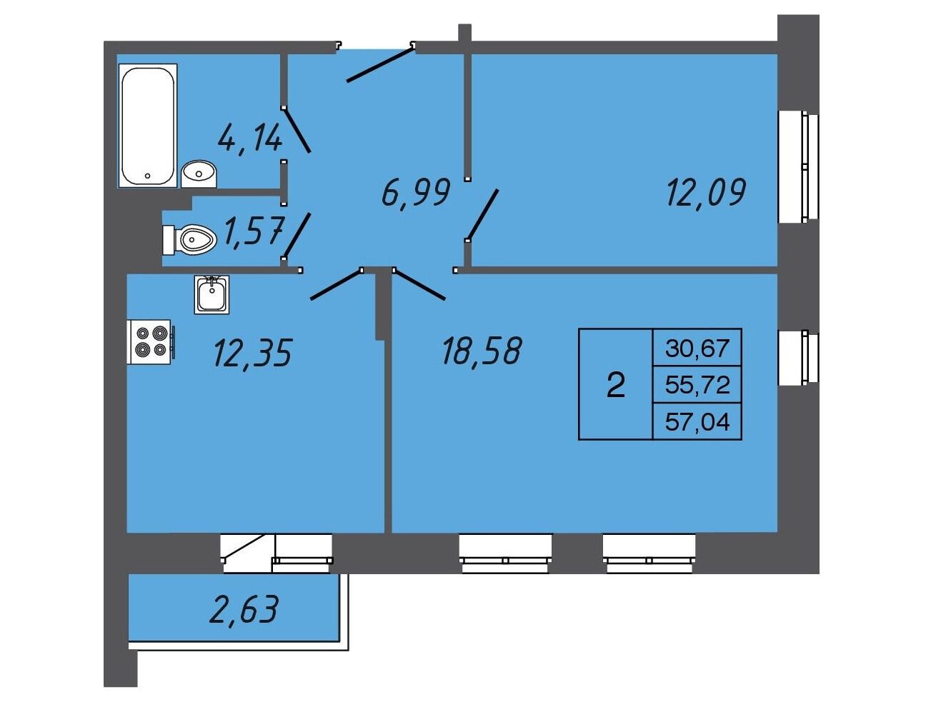 Планировка: 2-комн. квартира 57.00 м² в новостройке Апрель