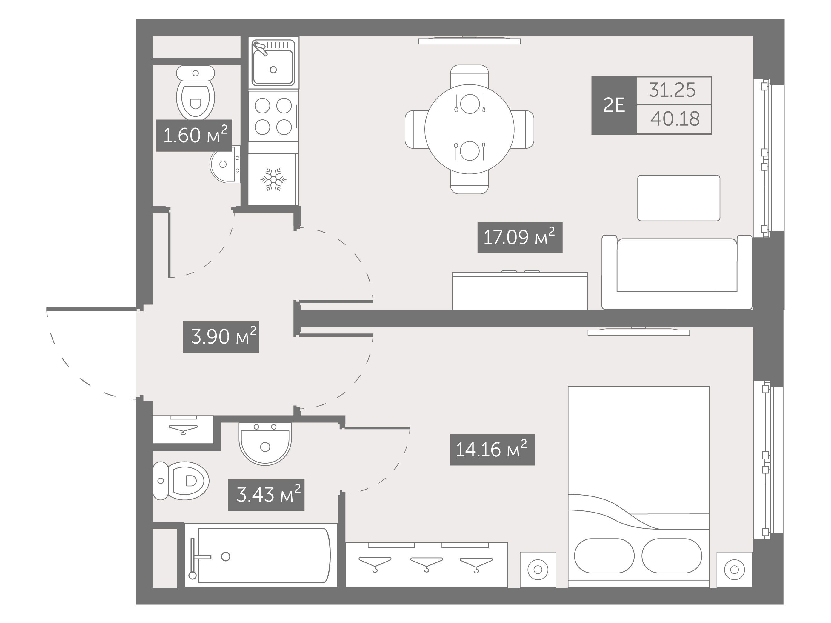 Планировка: 1-комн. квартира 40.18 м² в новостройке Зум на Неве