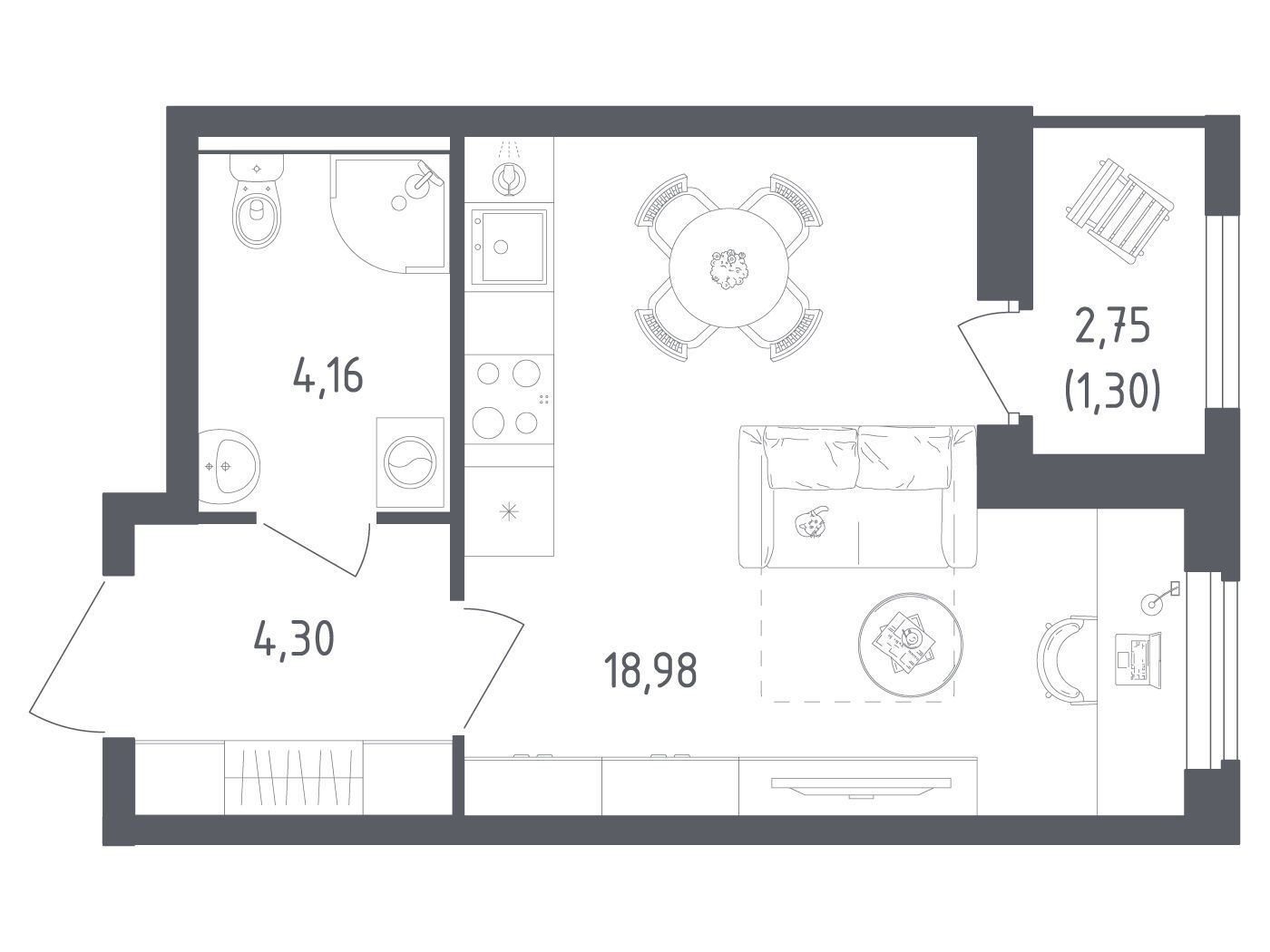 Планировка: Студия 28.74 м² в новостройке Южная Нева