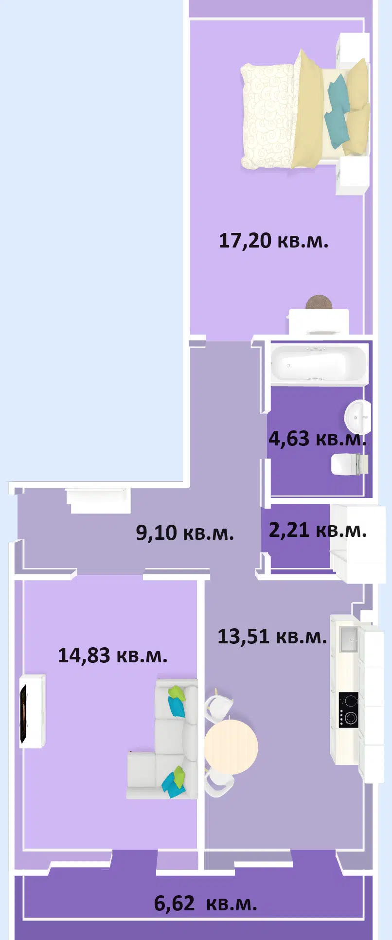 Планировка: 2-комн. квартира 68.10 м² в новостройке Успех