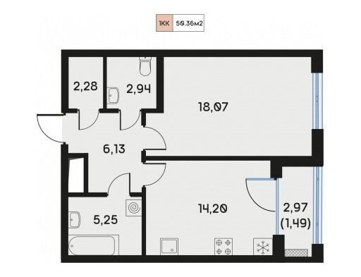 Планировка: 1-комн. квартира 50.50 м² в новостройке Дом Регенбоген