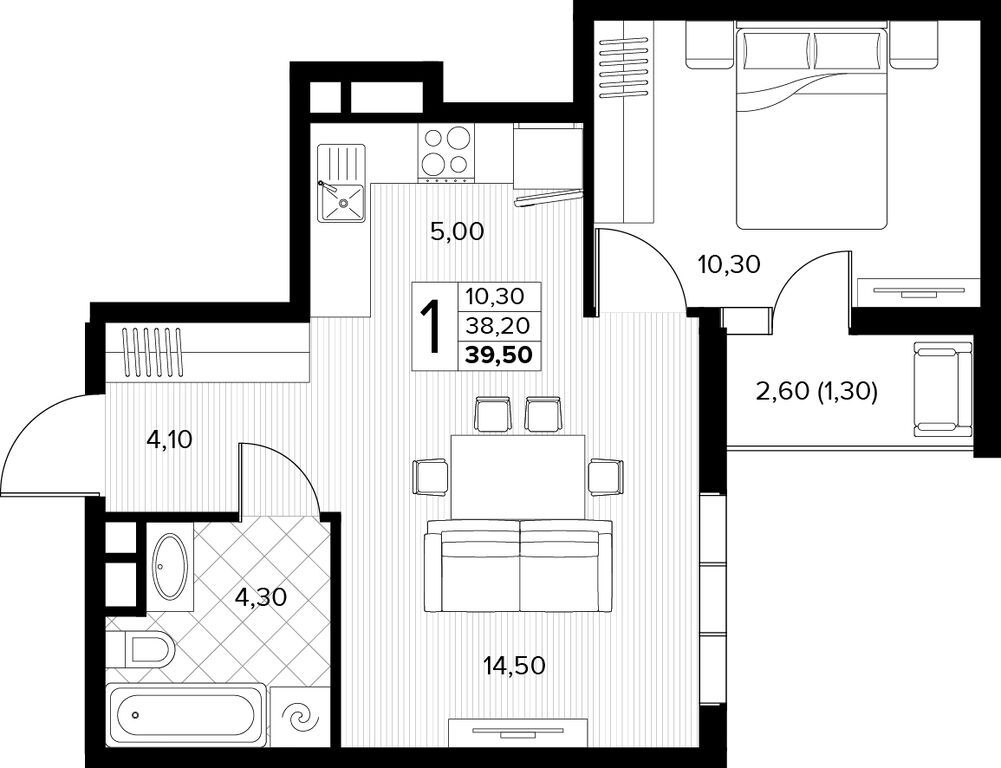 Планировка: 1-комн. квартира 39.50 м² в новостройке ЖК Кипарис