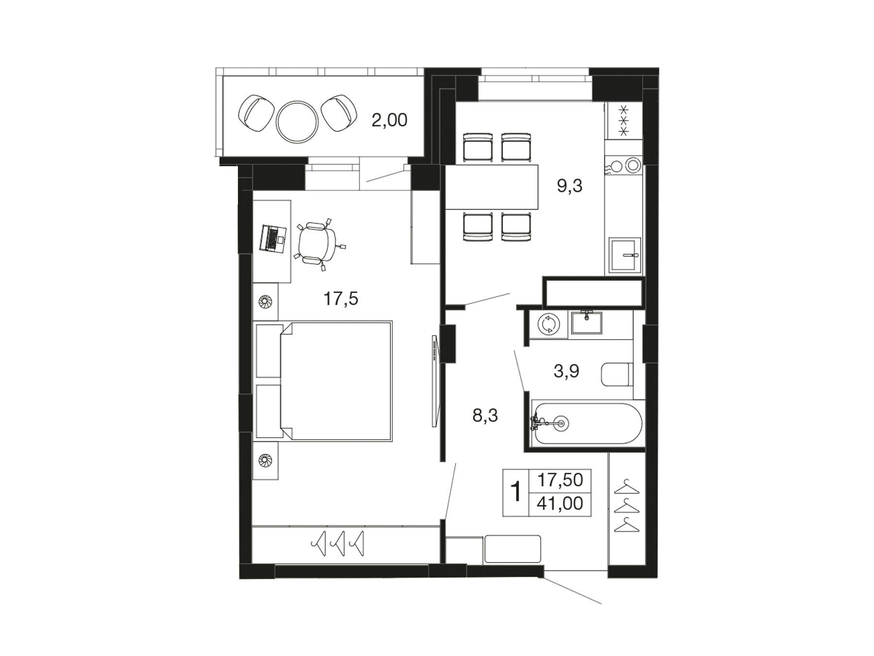 Планировка: 1-комн. квартира 39.00 м² в новостройке Времена года