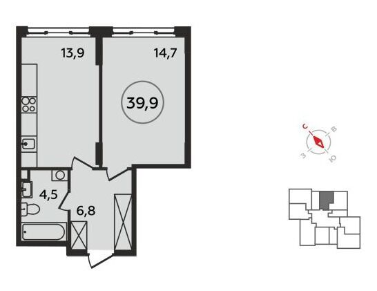 Планировка: 1-комн. квартира 39.90 м² в новостройке ЖК Прокшино
