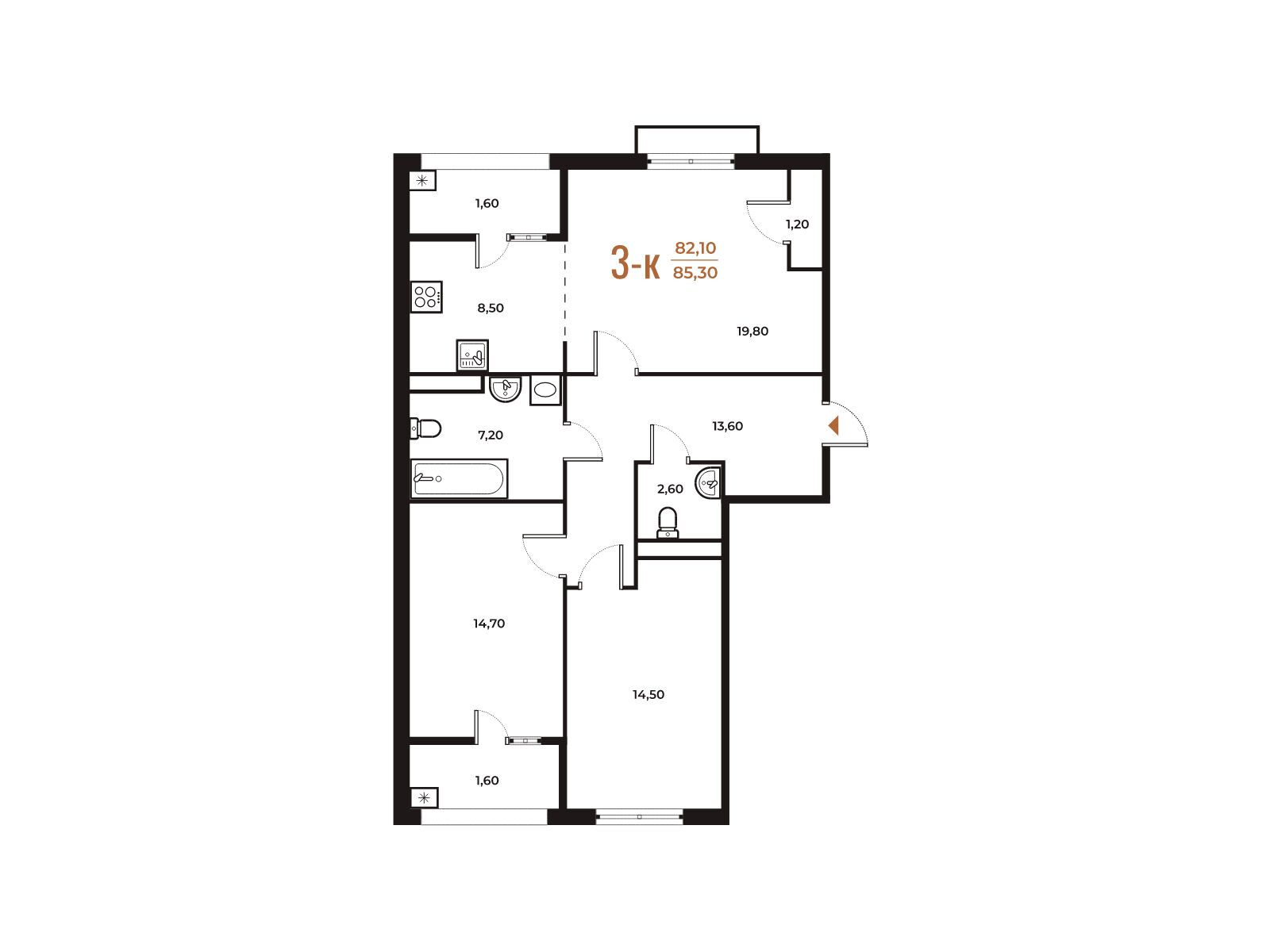Планировка: 3-комн. квартира 85.30 м² в новостройке Новое Летово