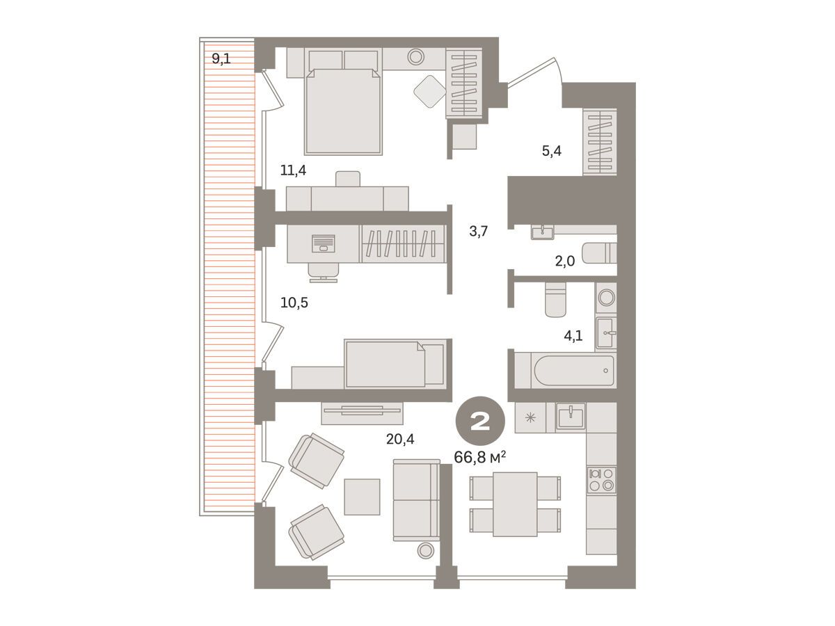 Планировка: 2-комн. квартира 67.70 м² в новостройке Издание